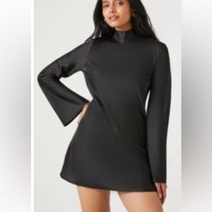 NWT: Mock Neck Black Satin Dress with deep tie back and bell sleeves